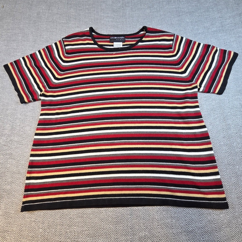 Sag Harbor Woman Striped Short Sleeve Knit Sweater Top Red Black White 1X F34369
